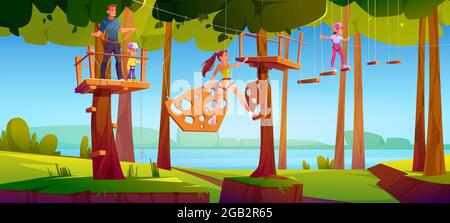 Kids in adventure park rope ladder Stock Vector