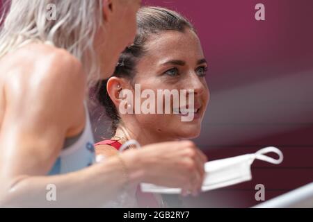 Tokyo, Japan. 02nd Aug, 2021. Czech athlete Kristiina Maki, right, is seen after women's 1500m heat during the Tokyo 2020 Summer Olympics, on August 2, 2021, in Tokyo, Japan. Credit: Martin Sidorjak/CTK Photo/Alamy Live News Stock Photo