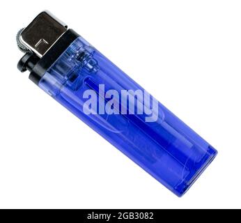 Clear dark blue cigarette lighter isolated on white background with clipping path. Cheap used disposable plastic gas lighter isolated. Close up shot Stock Photo