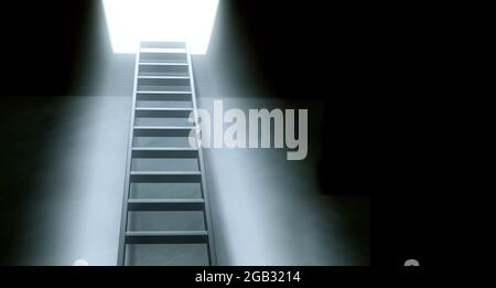 Hope and spirituality concept. Steps leading from a dark basement to open the door. Bright light visible through an open door. Mock up template. Copy Stock Photo