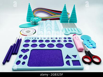 Quilling tools set for paper artwork isolated on white background. Quilling art concept Stock Photo