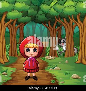 Red hooded girl are in the village at forest Stock Vector