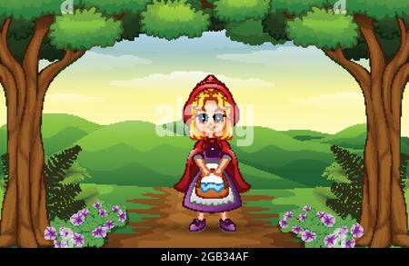 Red hooded girl are in the village at forest Stock Vector