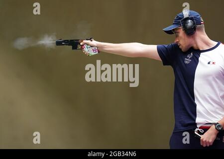 Tokyo, Japan. 2nd Aug, 2021. Jean Quiquampoix of France competes during the 25m rapid fire pistol men's final at the Tokyo 2020 Olympic Games in Tokyo, Japan, Aug. 2, 2021. Credit: Ju Huanzong/Xinhua/Alamy Live News Stock Photo