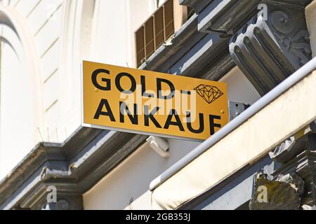 Baden-Baden, Germany - July 2021: Store sign saying 'Purchase of gold' in German. Common store type buying gold coins and golden items like jewellery Stock Photo