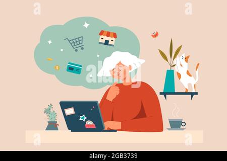 Flat illustration of elderly woman sitting at home using laptop for online shopping Stock Vector