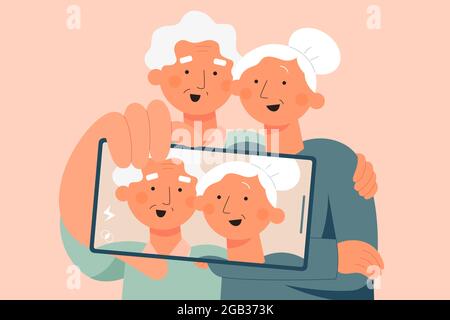 Flat illustration of two white hair elders couple taking selfie on smartphone Stock Vector