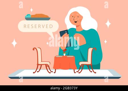 Flat illustration of dinner reservation online senior woman using mobile phone to book dinner table in restaurant Stock Vector