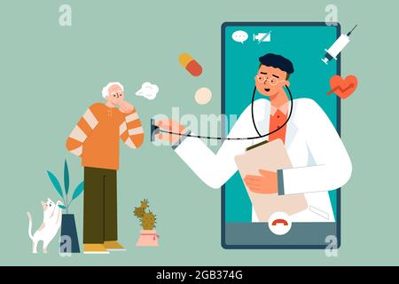 Flat illustration of doctor examining medical condition of elderly male patient via video call. Concept of telemedicine delivering care at a distance Stock Vector