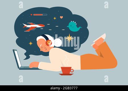 Flat illustration of senior woman wearing headphones lying on floor playing games on laptop, with video game graphics in the background Stock Vector
