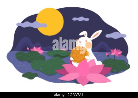 Mid autumn festival card design with the rabbit character. Flat illustration of jade rabbit holding mooncake and sitting leaf on lotus ponmd at night Stock Vector
