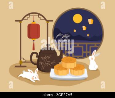 Mid autumn festival poster design. Flat illustration of moon rabbits having mooncakes with tea and watching moon at home Stock Vector