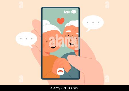 Flat illustration of being on a call with senior parents, grandparents or elderly by smartphone Stock Vector