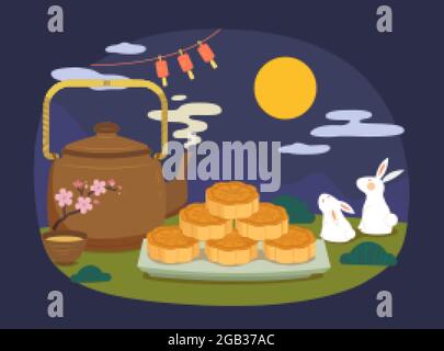 Mid autumn festival mooncakes. Flat illustrastion of Chinese mooncake festival sweet pastry and hot tea Stock Vector
