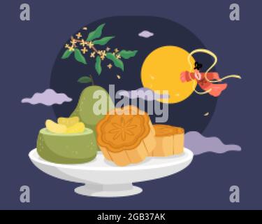 Mid autumn festival food. Flat illustration of Chinese traditional mooncakes and cut pomelo served on a food plate at night and Chang'e flying through Stock Vector