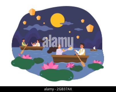 Mid autumn festival night. Flat illustration of people rowing boat on a calm lake at night with lanterns flying in sky Stock Vector