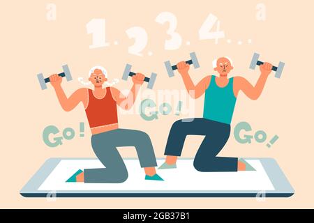 Flat illustration of senior man and woman in sports wear working out using dumbbells over a digital device Stock Vector