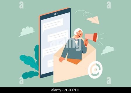 Flat illustration of an elderly woman standing inside an envelope talking into a megaphone with a mobile phone. Concept of sending a voice mail via ph Stock Vector