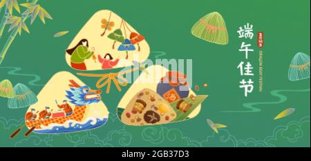 Duanwu Festival banner in flat style. A zongzi silhouette illustrating various holiday activities. Chinese translation: happy Dragon Boat Festival on Stock Vector