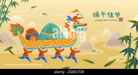 Duanwu Festival bannerin flat style. People carrying dragon boat with rice dumpling over their shoulders. Chinese translation: happy Dragon Boat Festi Stock Vector