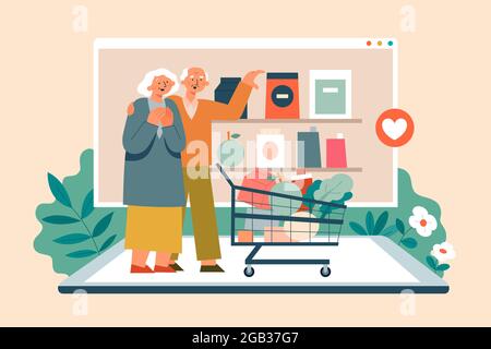 Flat illustration of elderly couple going groceries shopping on online supermarket via tablet computer Stock Vector
