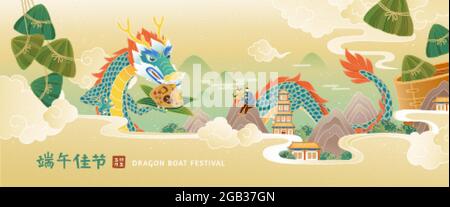 Duanwu Festival banner in flat style. People enjoy eating rice dumpling and a Chinese dragon biting one too. Chinese translation: happy Dragon Boat Fe Stock Vector