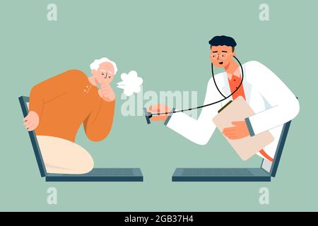 Flat illustration of sick senior man coughing being examined by a doctor online on laptop. Concept of telemedicine delivering care at a distance Stock Vector