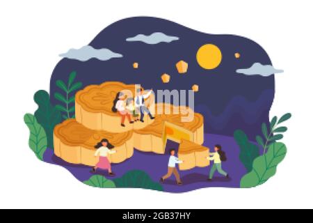 Family reunion on mooncake festival. Flat illustration of family getting together on mid autumn festival eating mooncakes and watching sky lanterns fl Stock Vector