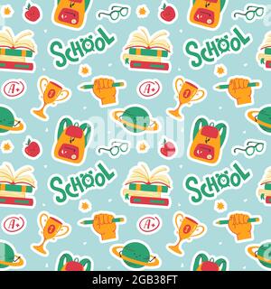School seamless pattern with books, backpacks, planets, apples, glasses and hand letterings. Funny vector background. Stock Vector