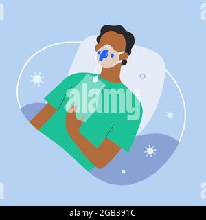Oxygen therapy for covid patient in oxygen mask on NIV, covid-19 hypoxemia, african american senior woman suffering from low saturation, vector Stock Vector
