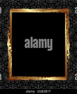 Square gold antique frame on a black background with gray ornaments for decoration of congratulations or packaging. Abstract design in deco style Stock Vector
