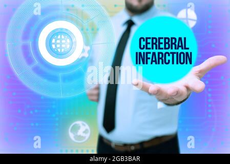 Conceptual display Cerebral Infarction. Business overview focal brain necrosis due to complete and long ischemia Gentelman Uniform Standing Holding Stock Photo
