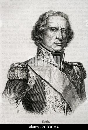 Jean-de-Dieu Soult, 1st Duke of Dalmatia (1769-1851). French military and politician. He took part in the Napoleonic Wars and led French troops during the Peninsular War. Portrait. Engraving. Historia General de España by Father Mariana. Madrid, 1853. Stock Photo
