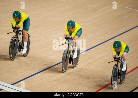 Tokyo, Japan. 02nd Aug, 2021. TOKYO, JAPAN - AUGUST 2: Georgia Baker of Australia, Annette Edmondson of Australia and Alexandra Manly of Australia competing on Women's Team Persuit Qualifying during the Tokyo 2020 Olympic Games at the Izu Velodrome on August 2, 2021 in Tokyo, Japan (Photo by Yannick Verhoeven/Orange Pictures) Credit: Orange Pics BV/Alamy Live News Stock Photo