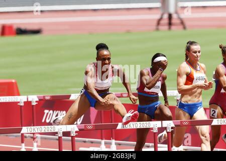 Jasmine CAMACHO-QUINN (PUR) Winner Gold Medal, Kendra HARRISON (USA) 2nd place Silver Medal during the Olympic Games Tokyo 2020, Athletics Women's 100m Hurdles Final on August 2, 2021 at Olympic Stadium in Tokyo, Japan - Photo Photo Kishimoto / DPPI Stock Photo