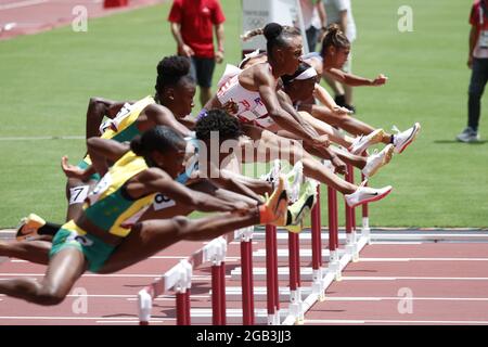 Jasmine CAMACHO-QUINN (PUR) Winner Gold Medal, Kendra HARRISON (USA) 2nd place Silver Medal during the Olympic Games Tokyo 2020, Athletics Women's 100m Hurdles Final on August 2, 2021 at Olympic Stadium in Tokyo, Japan - Photo Yuya Nagase / Photo Kishimoto / DPPI Stock Photo