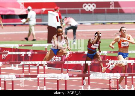 Jasmine CAMACHO-QUINN (PUR) Winner Gold Medal, Kendra HARRISON (USA) 2nd place Silver Medal during the Olympic Games Tokyo 2020, Athletics Women's 100m Hurdles Final on August 2, 2021 at Olympic Stadium in Tokyo, Japan - Photo Photo Kishimoto / DPPI Stock Photo