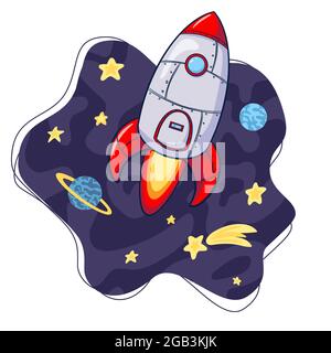 Rocket in Space Cartoon Illustration. Cartoon Rocket Illustration. Hand drawn Space ship icon. Rocket launch sketch suitable for logo, business product, web Landing Page, Banner, Flyer, Sticker, Card Stock Vector
