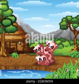 Three little pigs are playing together Stock Vector