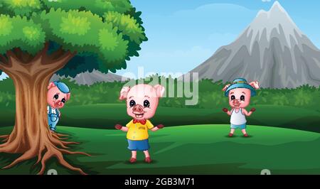 Three little pigs are playing together Stock Vector