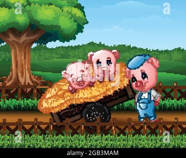 Three little pigs are in the cart Stock Vector