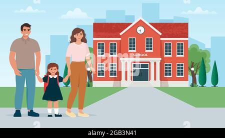Parents take their child to school. Time to Go to school. Vector illustration in flat style Stock Vector