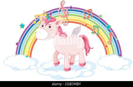 Unicorn standing on the cloud with melody symbols on rainbow wave ...