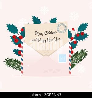 Christmas envelope. Cute vector illustration with open envelope and greeting postcard within. Stock Vector