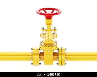 Yellow oil pipe with valve isolated on white background. 3D illustration. Stock Photo