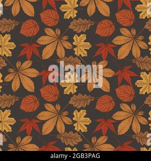 Autumn leaves seamless pattern in vintage style. Vector illustration in engraved style Stock Vector