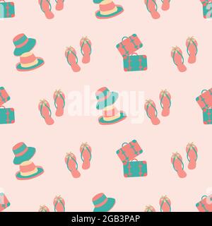 Vector travel fun seamless pattern background with flip flops, hats, suitcases, Feminine repeat backdrop with pink, aqua blue vacation icons. All over Stock Vector