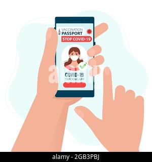Covid-19 tracking app. Smartphone screen with information to vaccine from coronavirus. Safety travel concept. Stock Vector