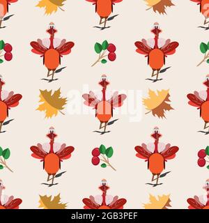 Vector seamless pattern with Thanksgiving turkeys, cranberries, maple leaves. Stock Vector