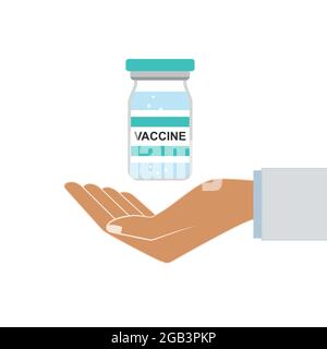 Medicine bottle for injection in hand, palm of a doctor. Medical glass vial for vaccination. Time to vaccinate. Isolated vector illustration on white Stock Vector